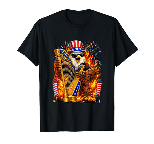 4Th July Eagle Playing Harp Instrument T-Shirt - Custom Art Print Unisex - T-Shirt, Sweatshirt, Hoodie