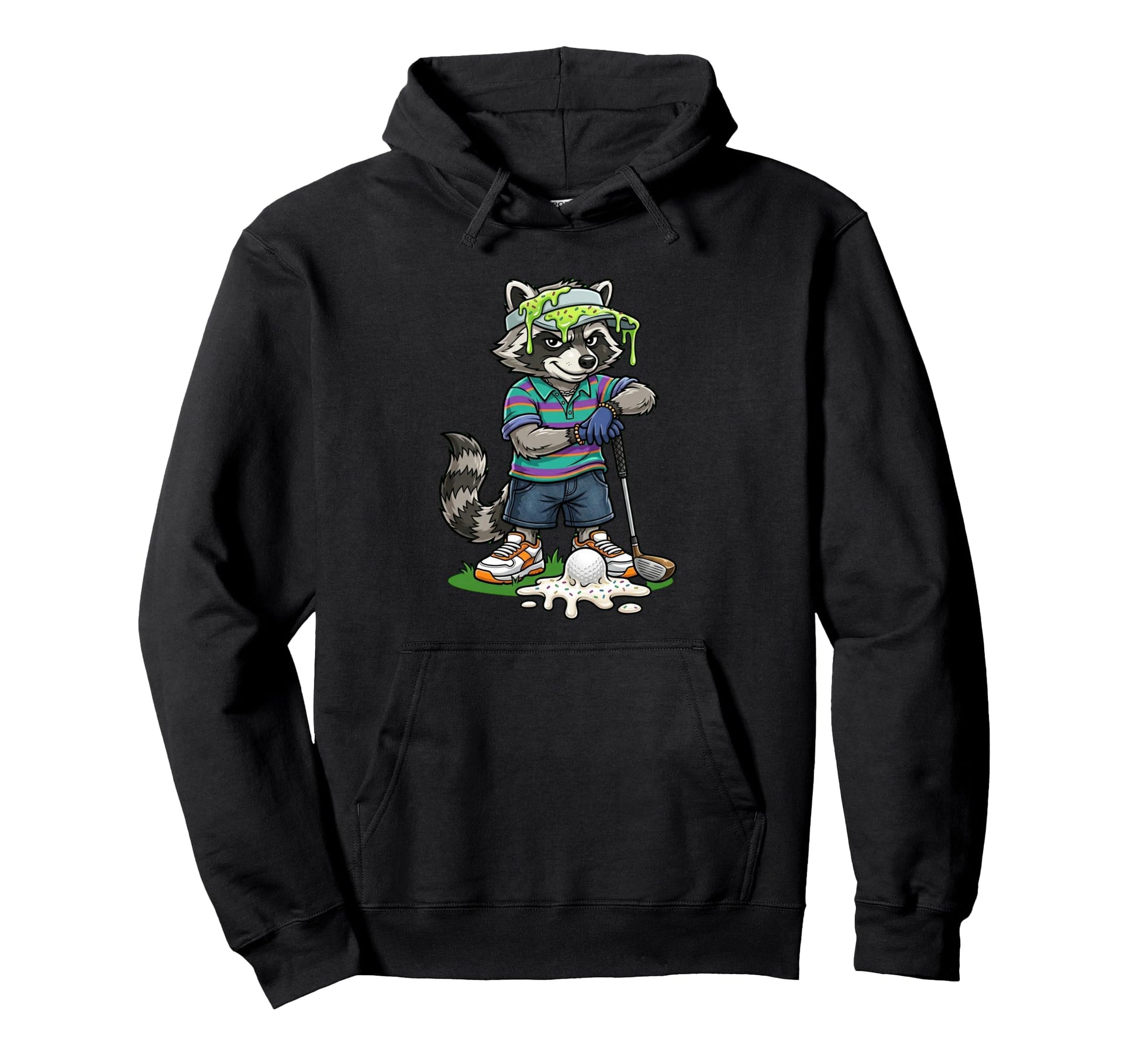 Funny Golf Raccoon Melting Ball Trash Hoodie - Novelty Apparel for Adults - T-Shirt, Sweatshirt, Hoodie