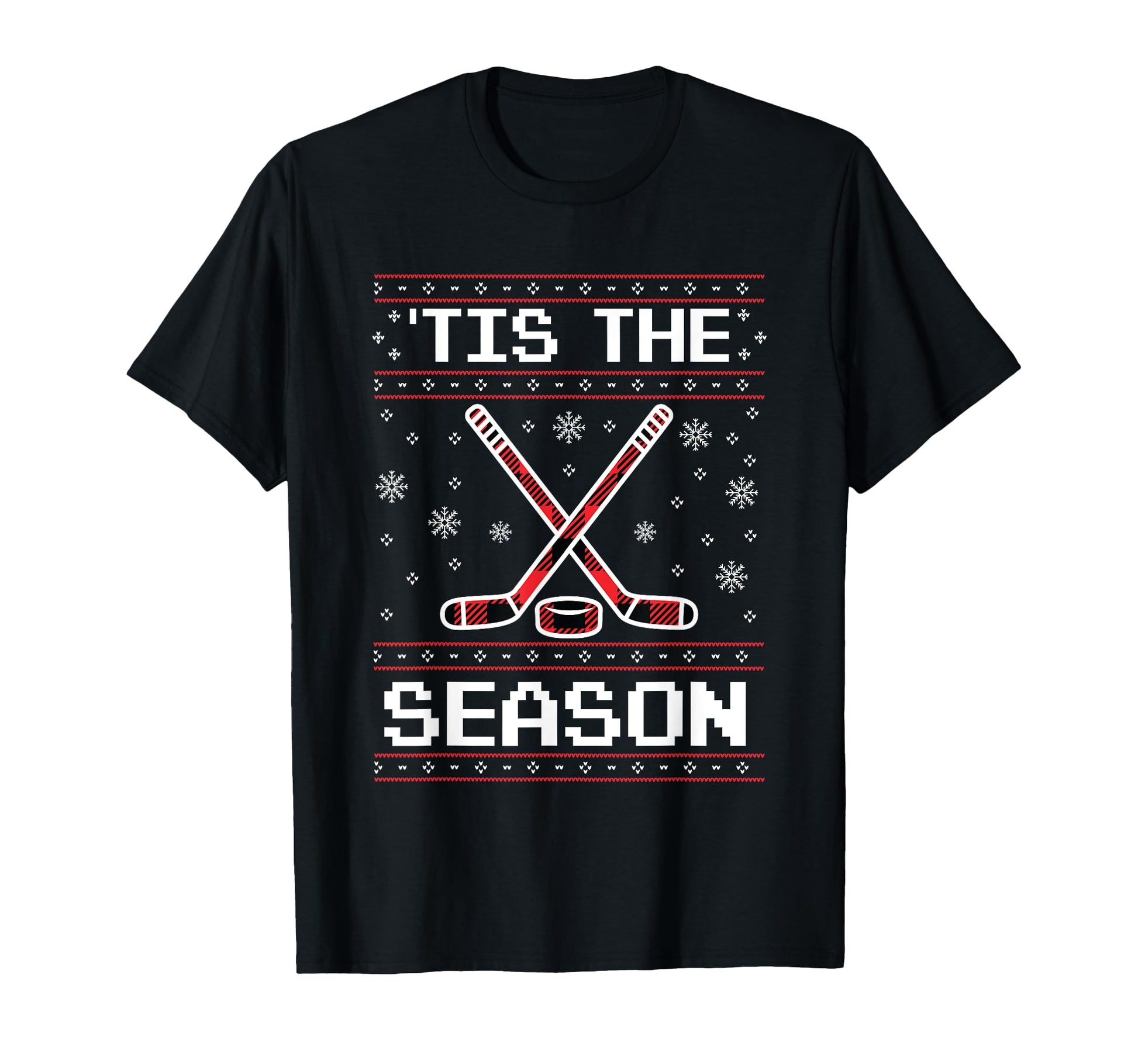 Tis Season Ice Hockey Red Plaid Ugly T-Shirt - Novelty Apparel for Adults - T-Shirt, Sweatshirt, Hoodie