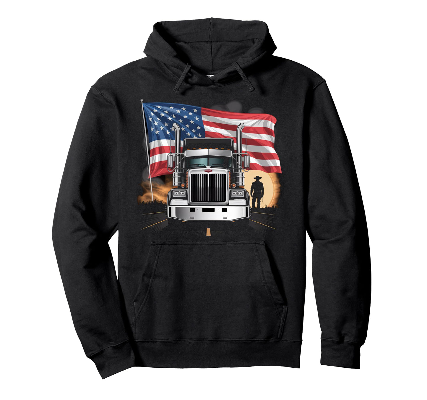 American Flag Trucker Dad Big Rig Hoodie - Casual Everyday Wear Men Women - T-Shirt, Sweatshirt, Hoodie