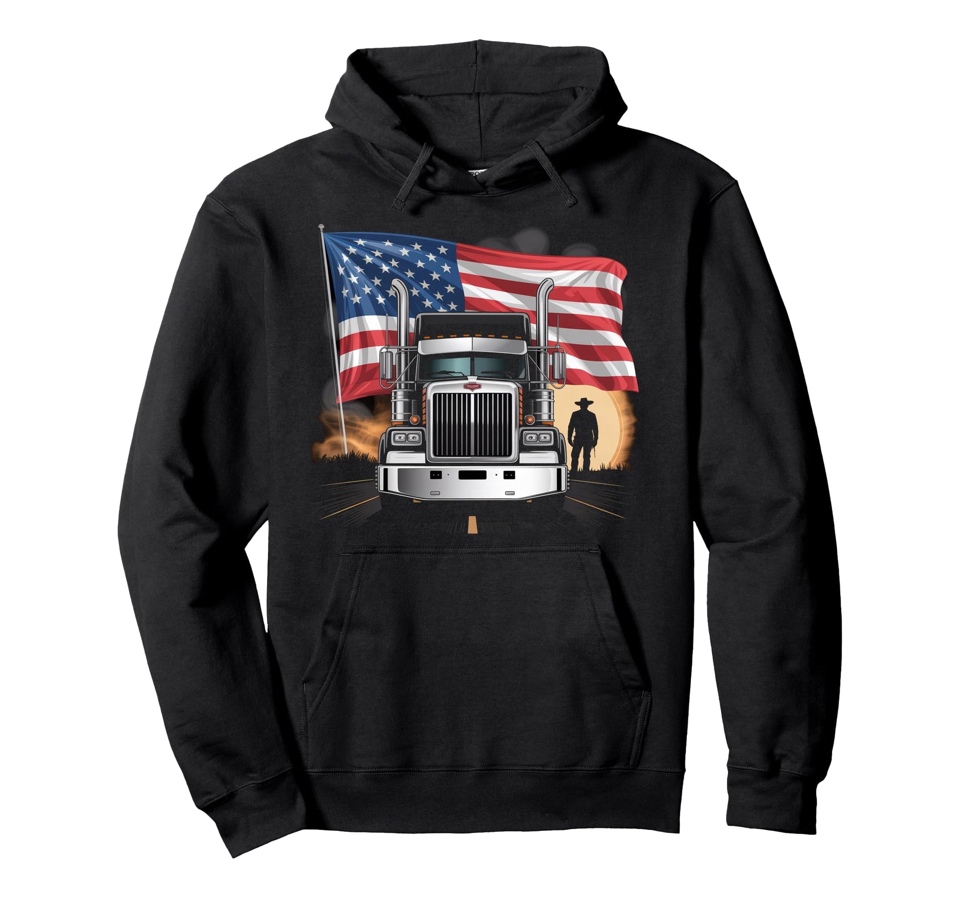 American Flag Trucker Dad Big Rig Hoodie - Casual Everyday Wear Men Women - T-Shirt, Sweatshirt, Hoodie