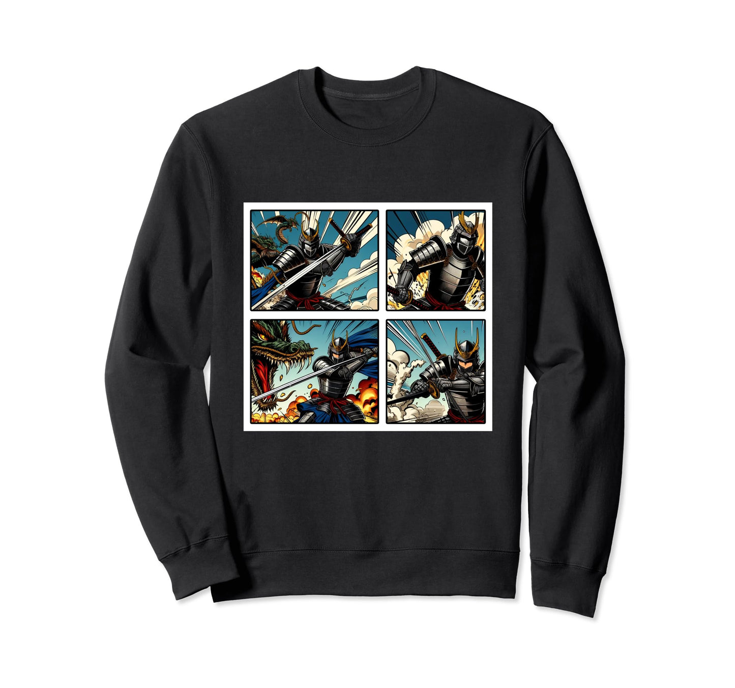 Japanese Fighters Battling Dragon Sweatshirt - Unique Graphic for Adults - T-Shirt, Sweatshirt, Hoodie
