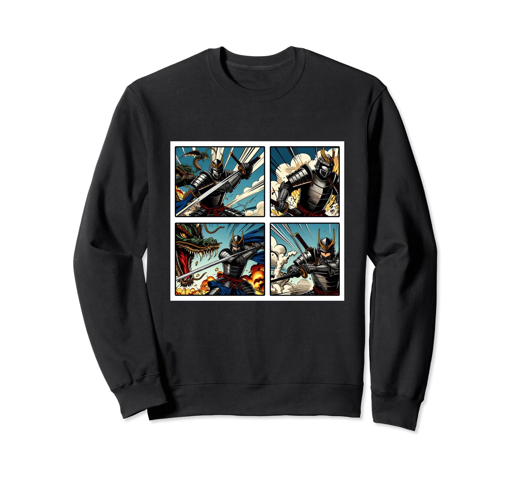 Japanese Fighters Battling Dragon Sweatshirt - Unique Graphic for Adults - T-Shirt, Sweatshirt, Hoodie