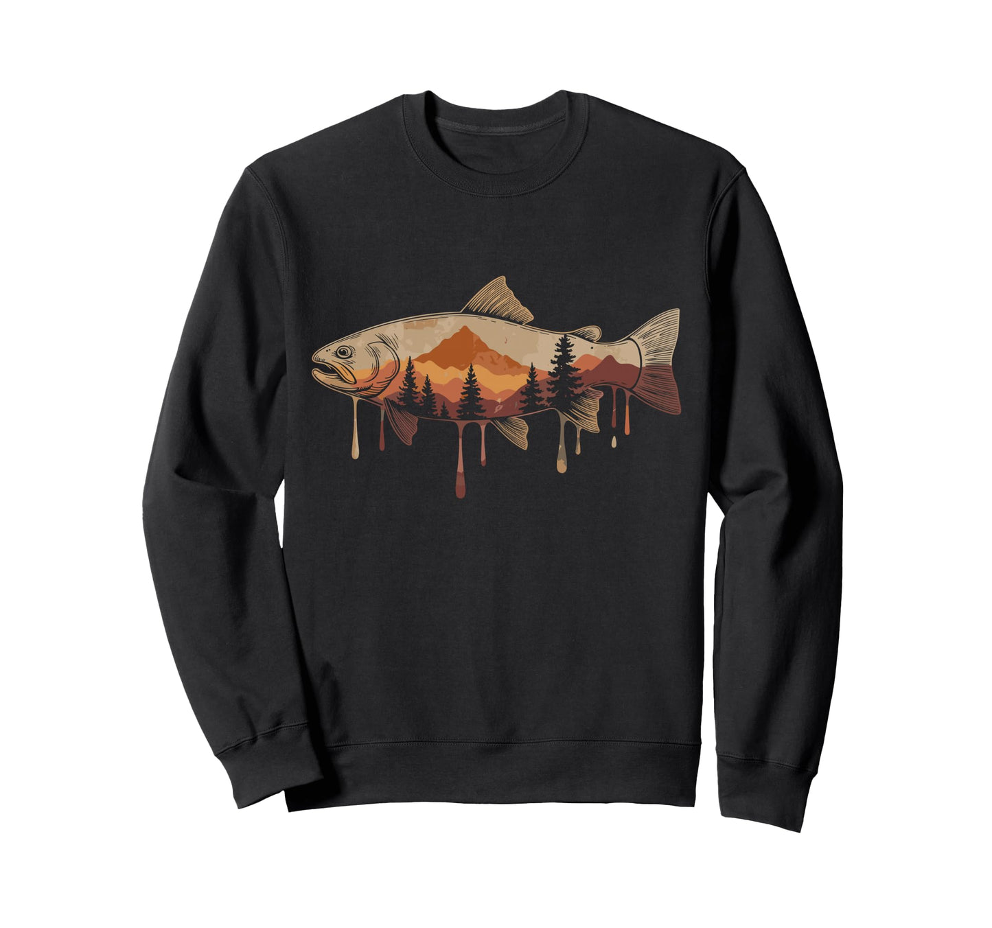 Trout Fish Silhouette Mountain Nature Sweatshirt - Graphic Print Unisex - T-Shirt, Sweatshirt, Hoodie