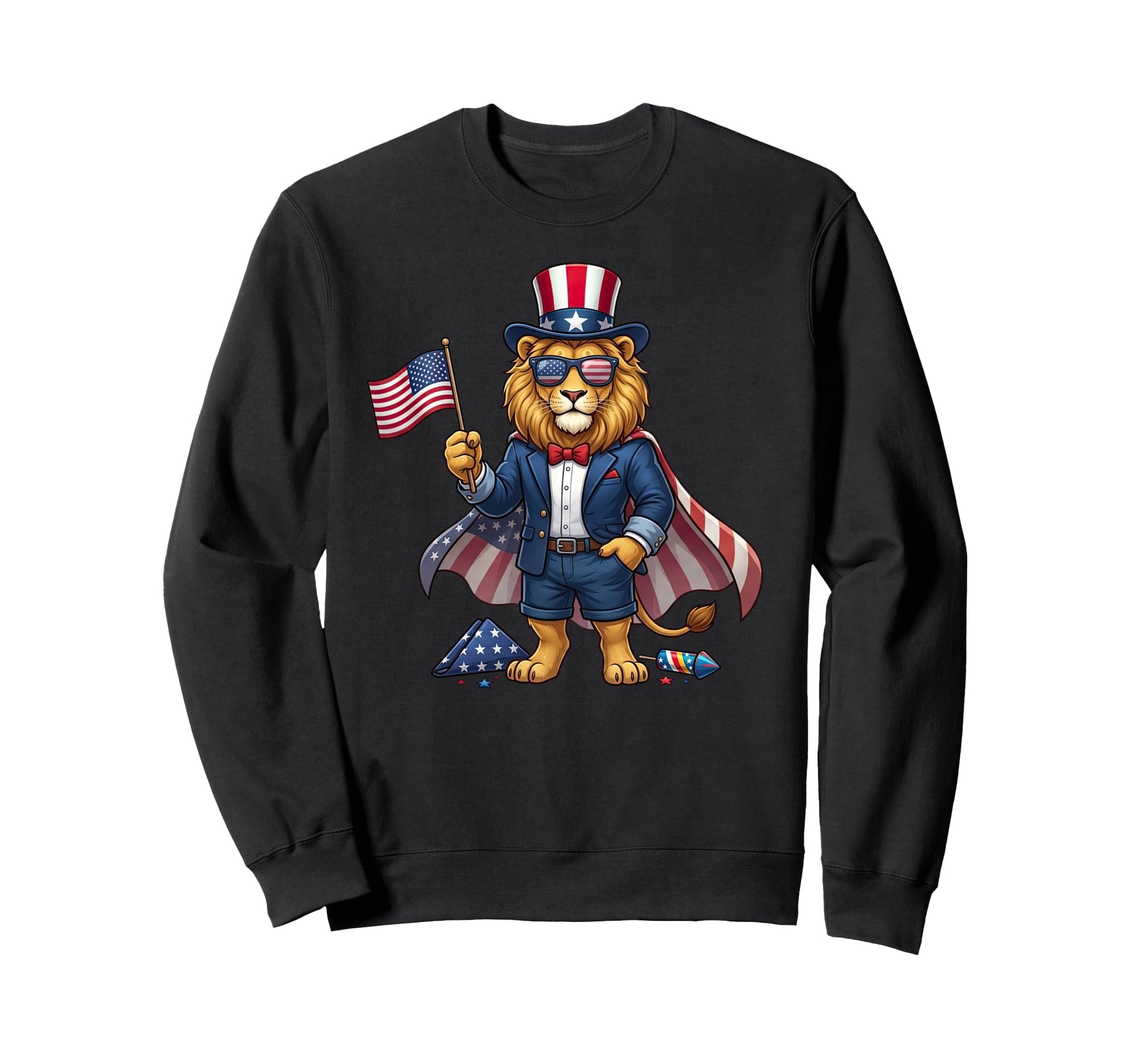 Funny Lion American Usa Flag Memorial Sweatshirt - Graphic Print Men Women - T-Shirt, Sweatshirt, Hoodie