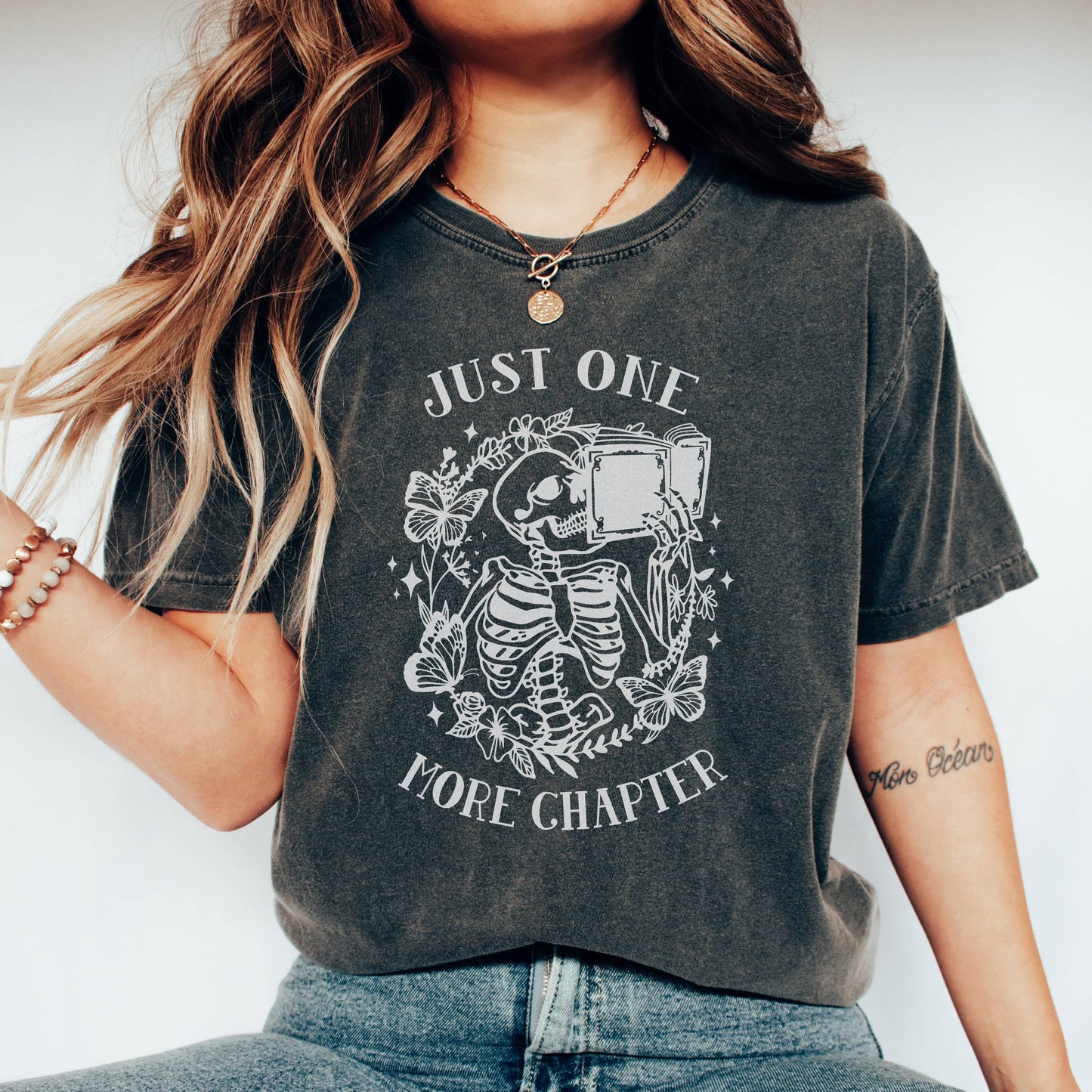 Just One More Chapter Book Graphic Shirt, Skeleton T Shirt Unisex T-shirt, Sweatshirt, Hoodie, Long Sleeve Tee - T-Shirt, Sweatshirt, Hoodie