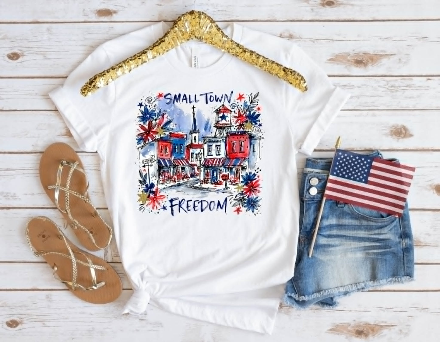 Small Town Freedom White American Graphic Tee Unisex T-shirt, Sweatshirt, Hoodie, Long Sleeve Tee - T-Shirt, Sweatshirt, Hoodie