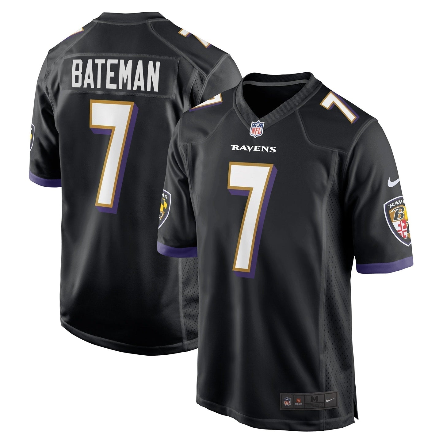 Rashod Bateman Baltimore Ravens Game Jersey - Black football jersey product view 1