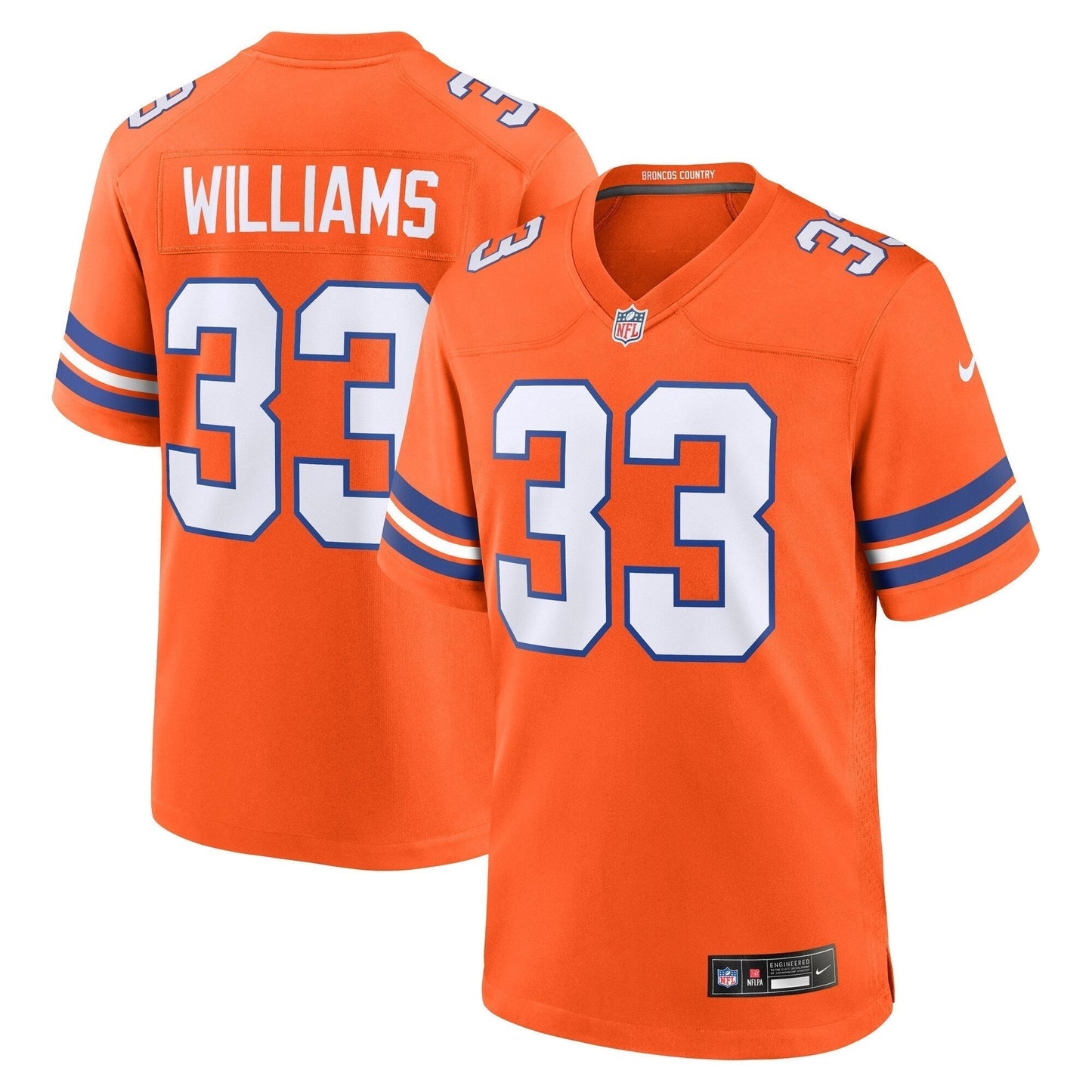 Javonte Williams Denver Broncos Mile High Collection 1977 Throwback Game Jersey - Orange football jersey product view 1