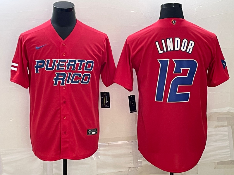Men's 2023 World Baseball Classic #12 Francisco Lindor Puerto Rico Red Jersey1 baseball jersey product view 1