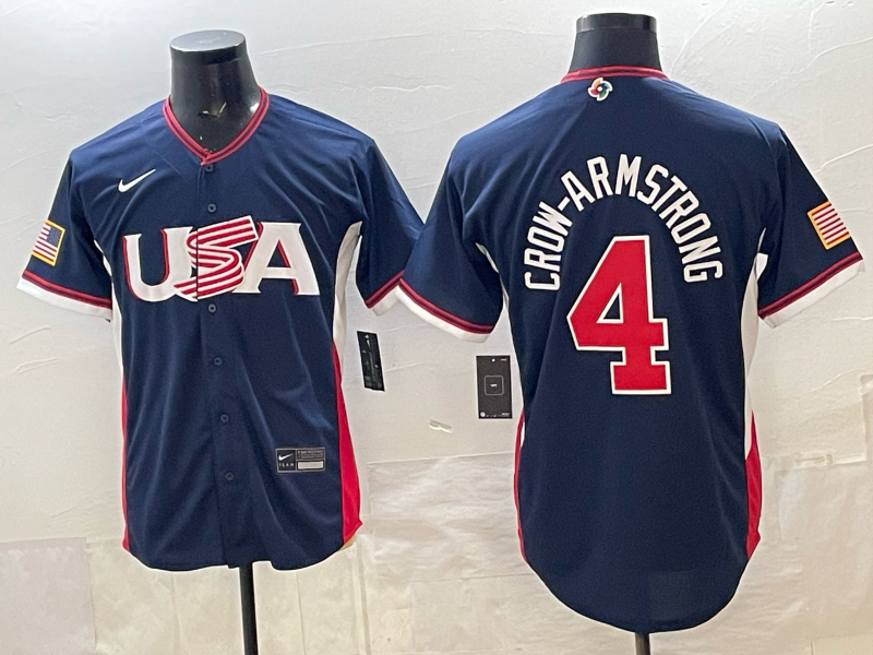 Men's USA Baseball Pete Crow-Armstrong #4 Navy 2026 World Baseball Classic Stadium Jersey baseball jersey product view 1