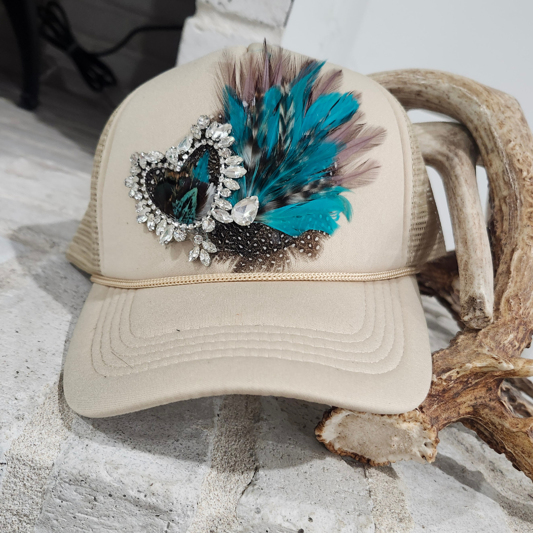 Rhinestone Heart and Feather Trucker Hat Khaki Color Unisex T-shirt, Sweatshirt, Hoodie, Long Sleeve Tee - T-Shirt, Sweatshirt, Hoodie