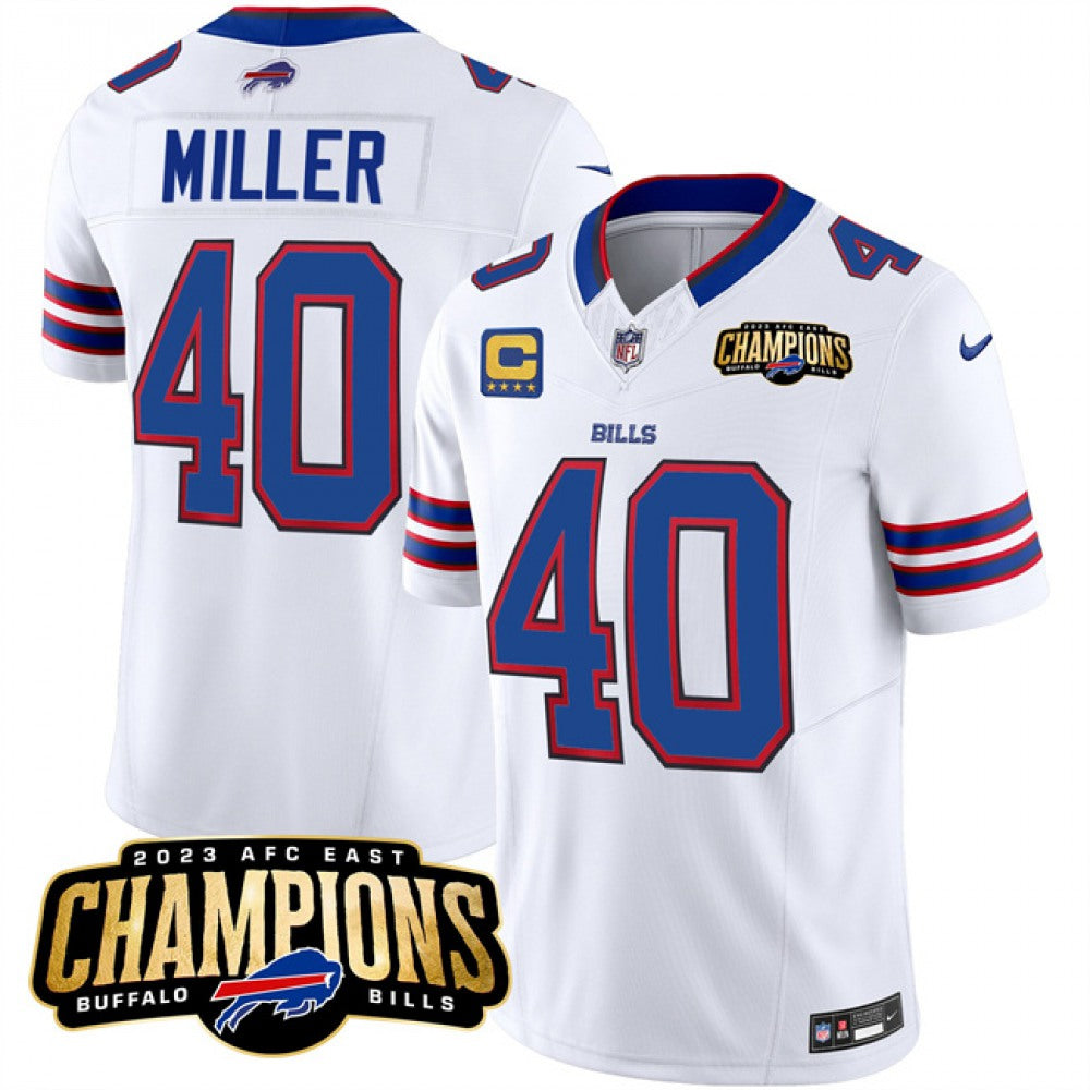Men's Buffalo Bills #40 Von Miller White 2023 F.U.S.E. AFC East Champions With 4-star C Ptach Stitched Football Jersey football jersey product view 1