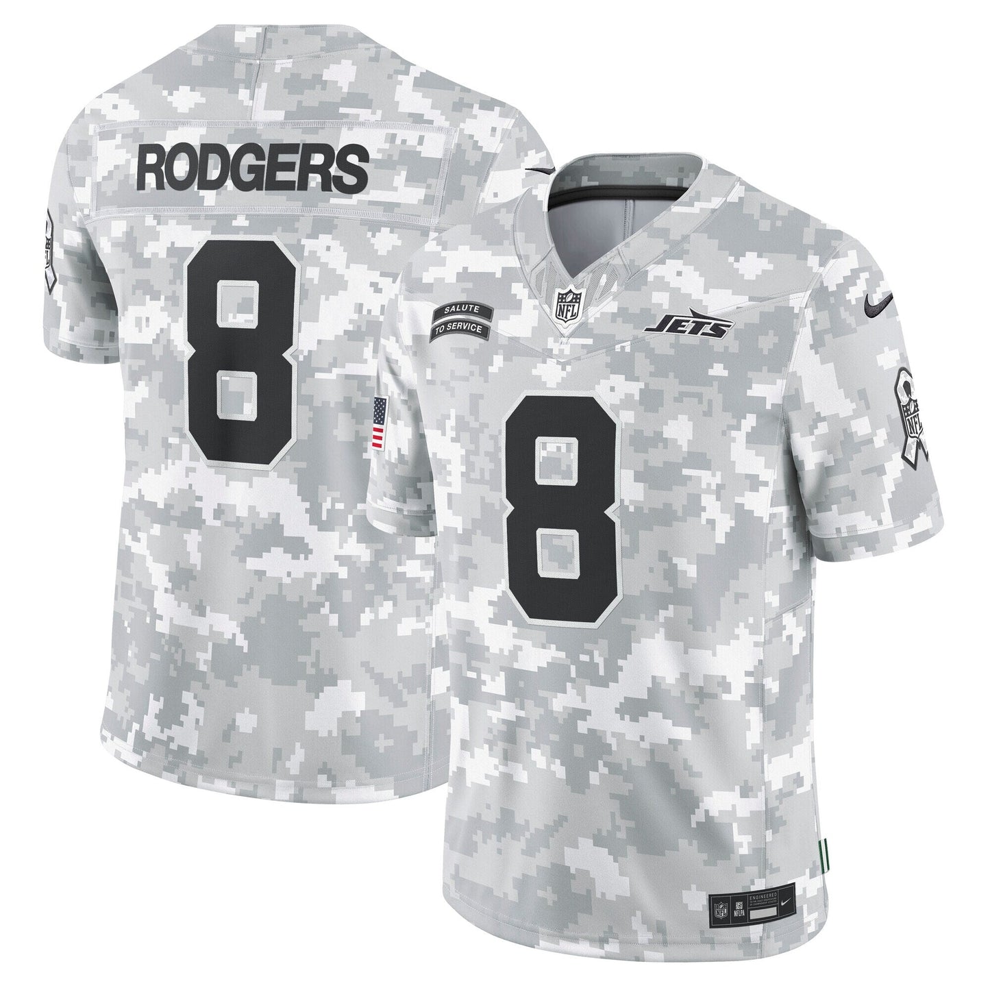 Aaron Rodgers New York Jets 2024 Salute to Service Limited Jersey - Arctic Camo football jersey product view 1