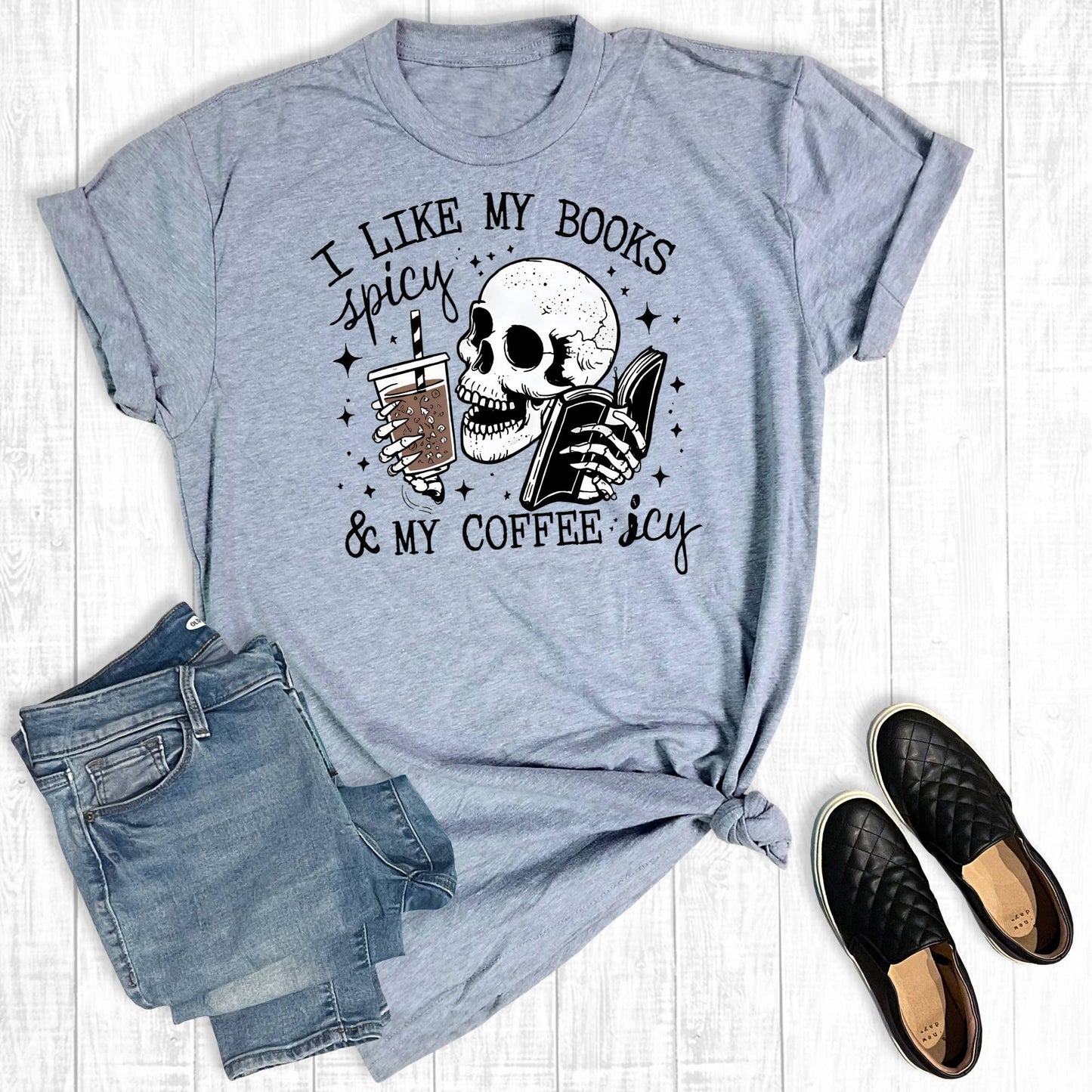 Funny I Like My Books Spicy & My Coffee Icy Graphic Tee Unisex T-shirt, Sweatshirt, Hoodie, Long Sleeve Tee - T-Shirt, Sweatshirt, Hoodie