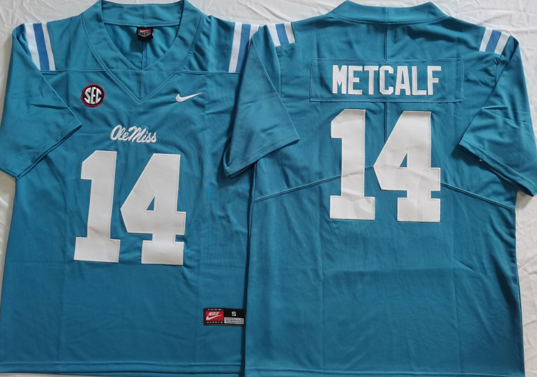 Men's Ole Miss Rebels DK Metcalf Blue Player Game Jersey sports jersey product view 1