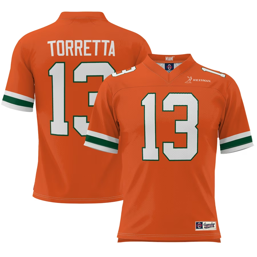 Men's Miami Hurricanes Gino Torretta Orange Heisman Football Jersey football jersey product view 1