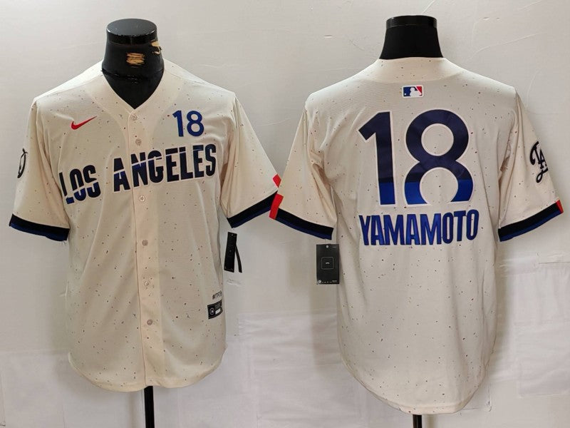 Men's Los Angeles Dodgers Yoshinobu Yamamoto #18 Cream 2024 City Connect Limited Player Jersey baseball jersey product view 1
