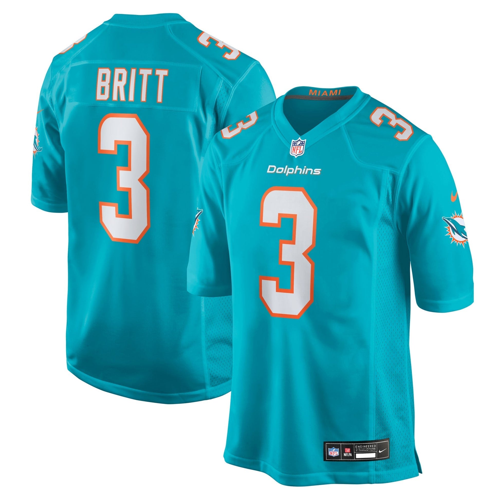 Miami Dolphins K.J. Britt Aqua Team Game Jersey football jersey product view 1