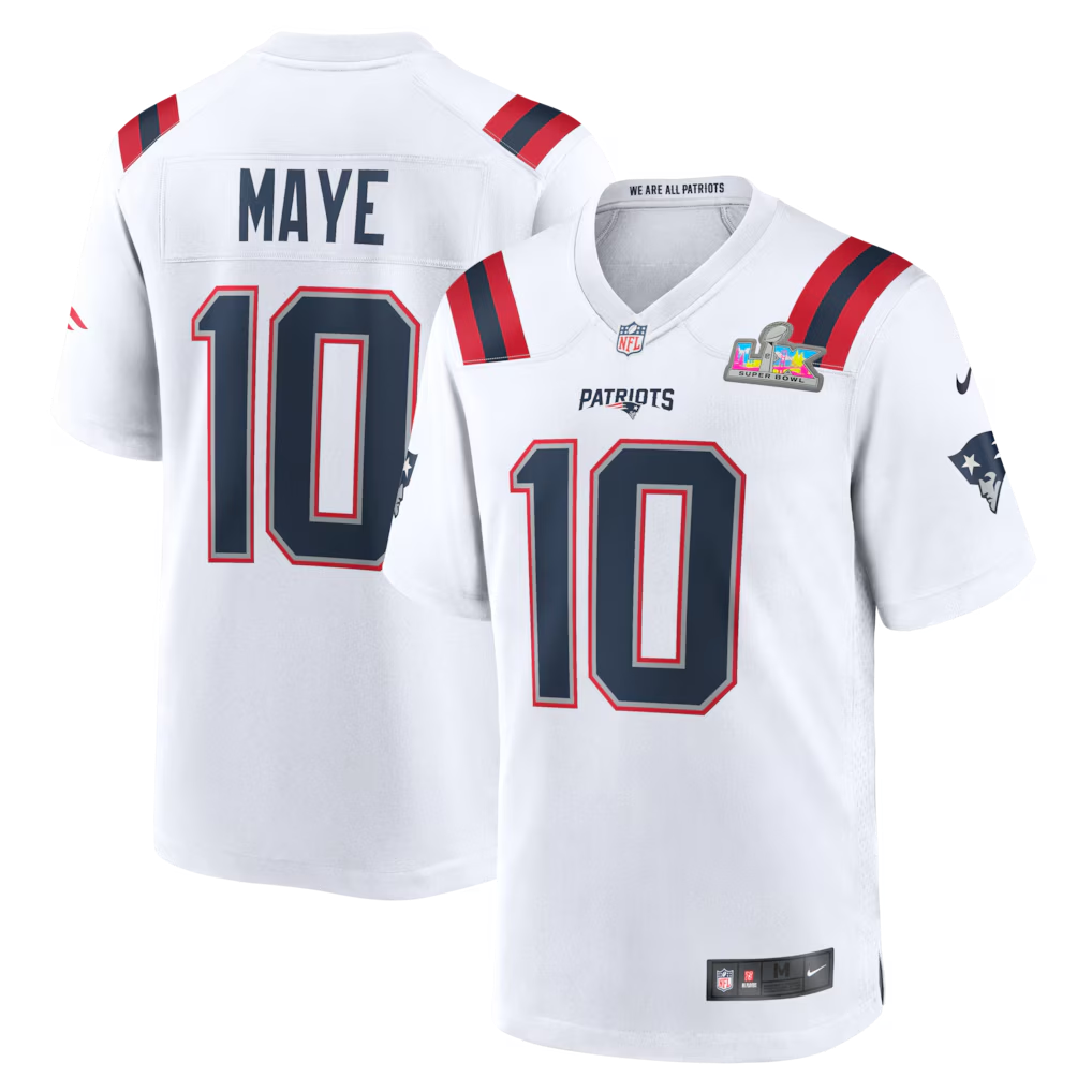 Men's New England Patriots Drake Maye White Super Bowl LX Patch Game Jersey football jersey product view 1