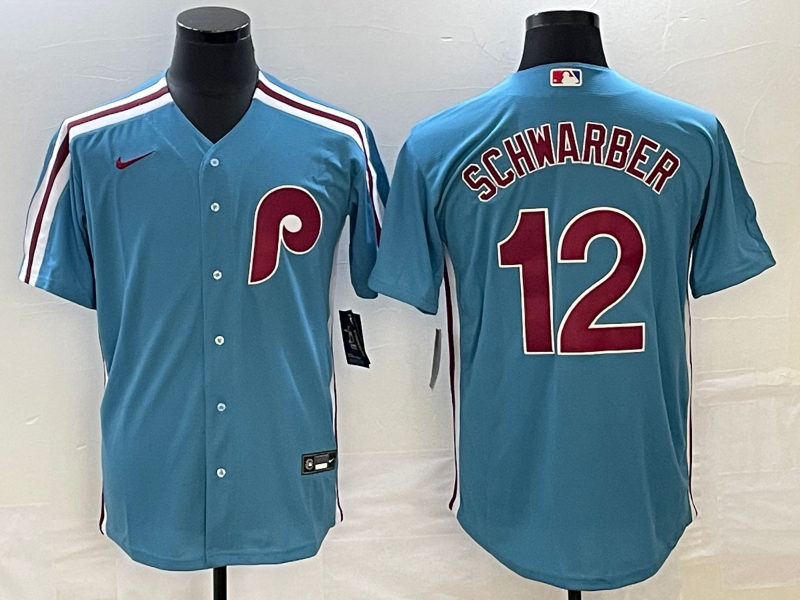 Men's Philadelphia Phillies Kyle Schwarber #12 Blue Replica Player Jersey baseball jersey product view 1