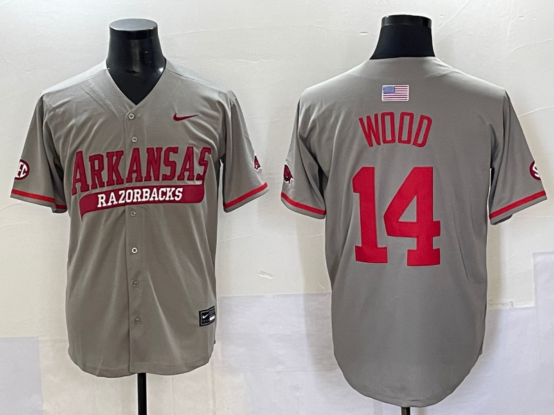 Men's Arkansas Razorbacks Gage Wood #14 Gray Replica Player Jersey sports jersey product view 1