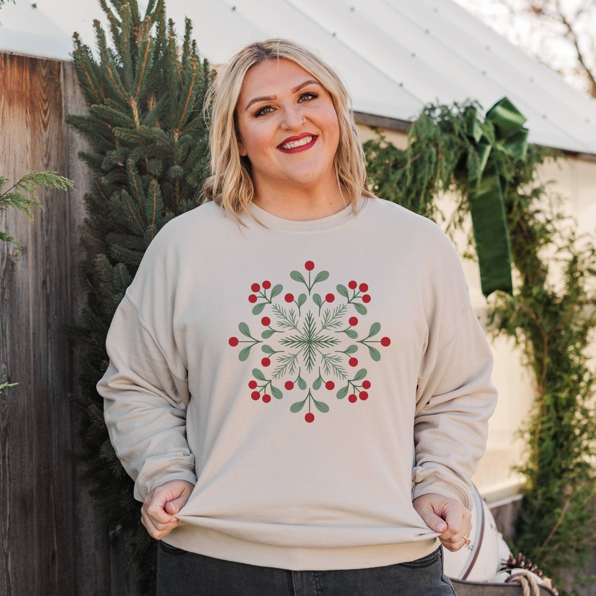 Holly Snowflake Crewneck Sweatshirt | Christmas Sweatshirt Unisex T-shirt, Sweatshirt, Hoodie, Long Sleeve Tee - T-Shirt, Sweatshirt, Hoodie