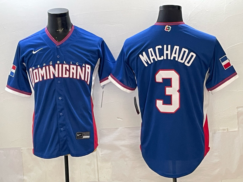 Men's Dominican Republic Baseball Manny Machado #3 Royal 2026 World Baseball Classic Stadium Jersey baseball jersey product view 1