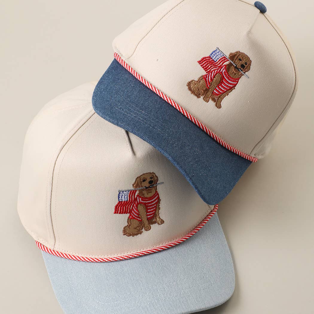 Golden Retriever Holding USA Flag Denim Brim Trucker Hat Unisex T-shirt, Sweatshirt, Hoodie, Long Sleeve Tee - T-Shirt, Sweatshirt, Hoodie