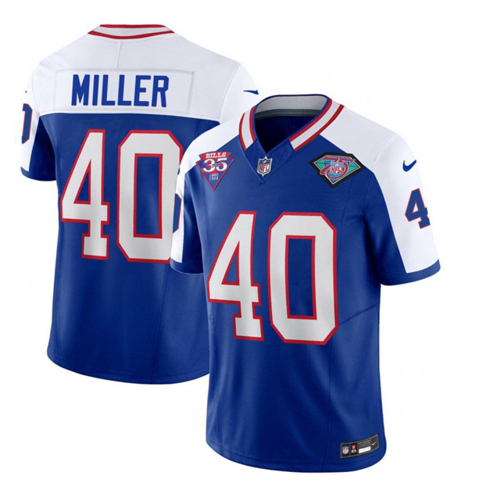 Men's Buffalo Bills #40 Von Miller Blue/White 35th And 75th Patch 2023 F.U.S.E. Throwback Vapor Untouchable Limited Stitched Jersey football jersey product view 1
