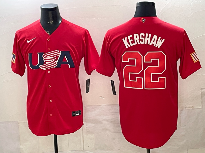 Men's USA Baseball Clayton Kershaw #22 Red 2026 World Baseball Classic Stadium Jersey baseball jersey product view 1