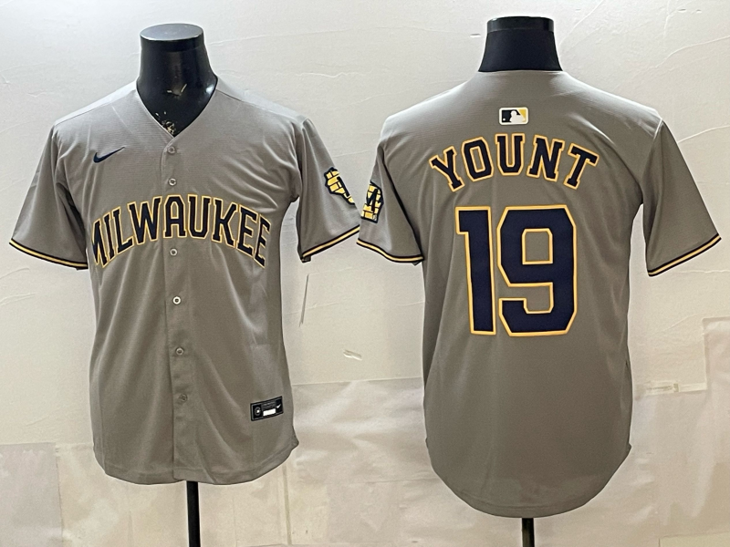 Men's Milwaukee Brewers Robin Yount #19 Gray Replica Player Jersey baseball jersey product view 1
