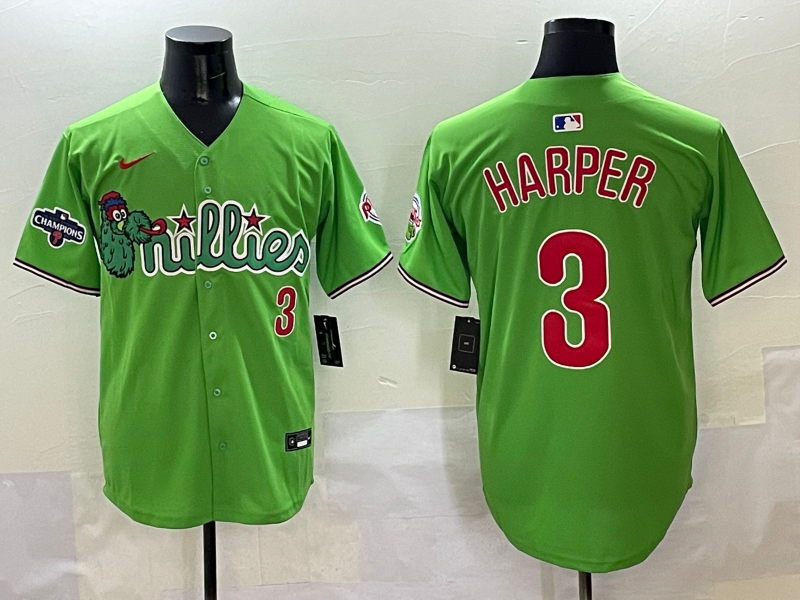 Men's Philadelphia Phillies Bryce Harper Green Player Game Jersey baseball jersey product view 1