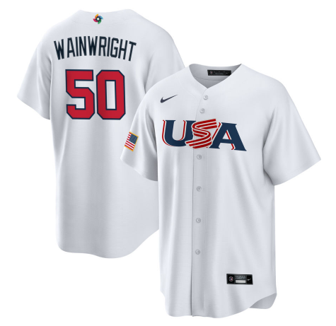 Men's 2023 World Baseball Classic Adam Wainwright USA White Jersey baseball jersey product view 1