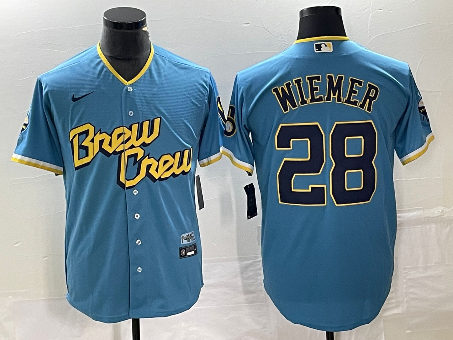 Men's Milwaukee Brewers Joey Wiemer #28 Powder Blue 2022 City Connect Replica Player Jersey baseball jersey product view 1