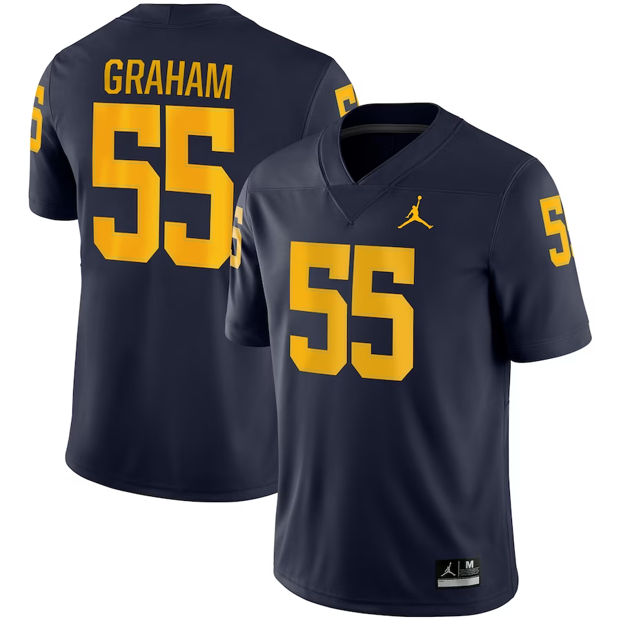 Men's Michigan Wolverines Mason Graham #55 Navy Alumni Player Game Jersey sports jersey product view 1
