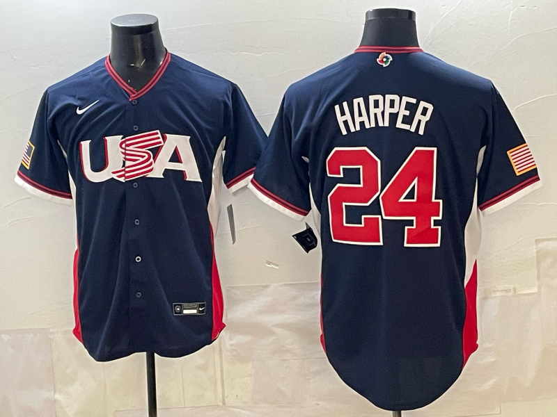 Men's USA Baseball Bryce Harper #24 Navy 2026 World Baseball Classic Stadium Jersey baseball jersey product view 1