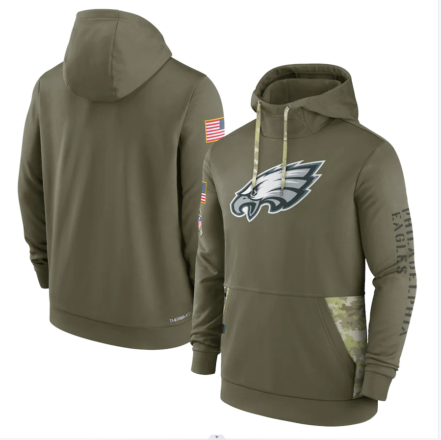 Men's Philadelphia Eagles Olive 2022 Salute to Service Therma Performance Pullover Hoodie football jersey product view 1