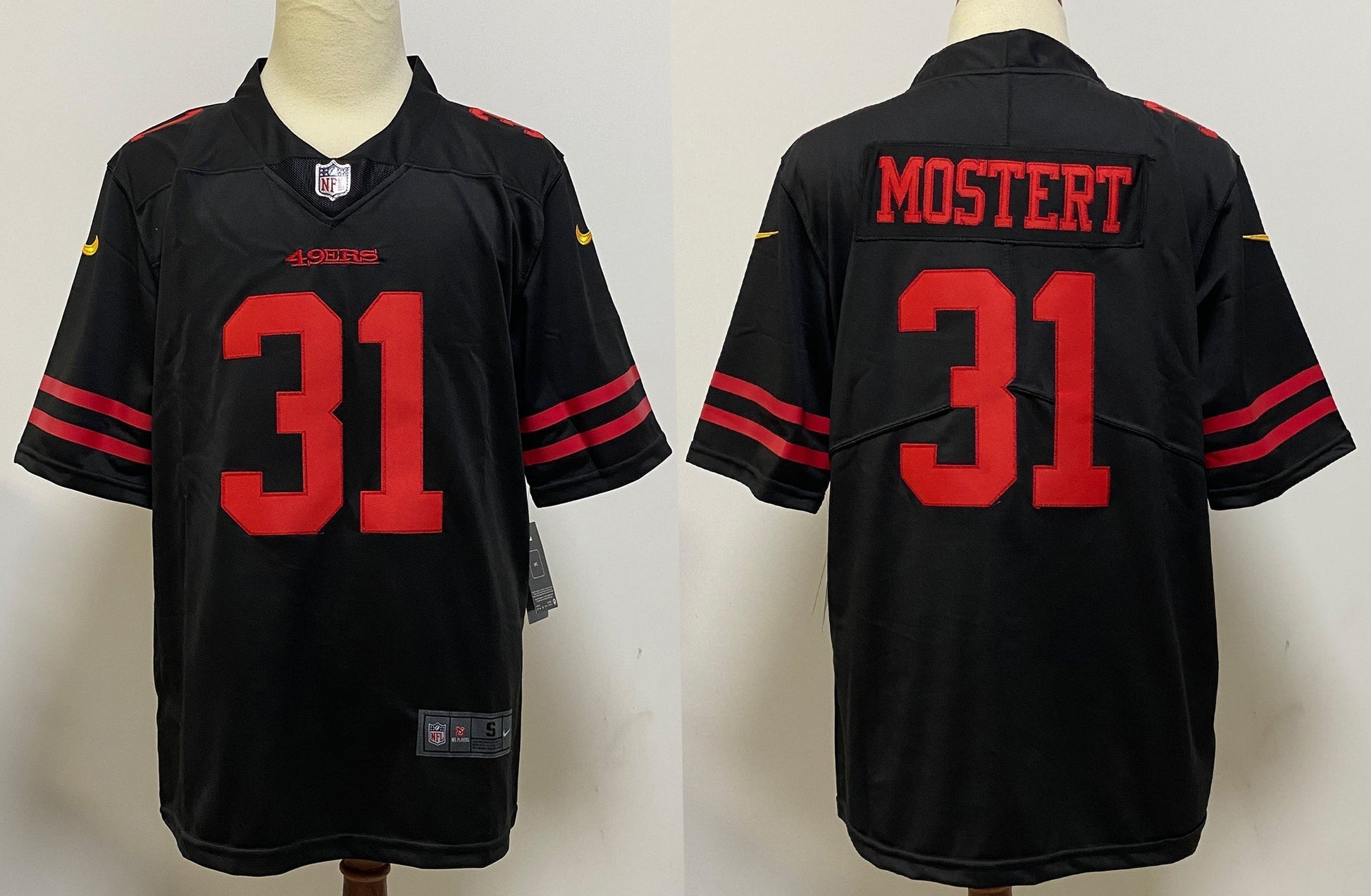 Men's San Francisco 49ers Raheem Mostert Black Game Player Jersey football jersey product view 1