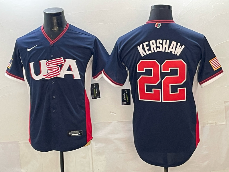 Men's USA Baseball Clayton Kershaw #22 Navy 2026 World Baseball Classic Stadium Jersey baseball jersey product view 1