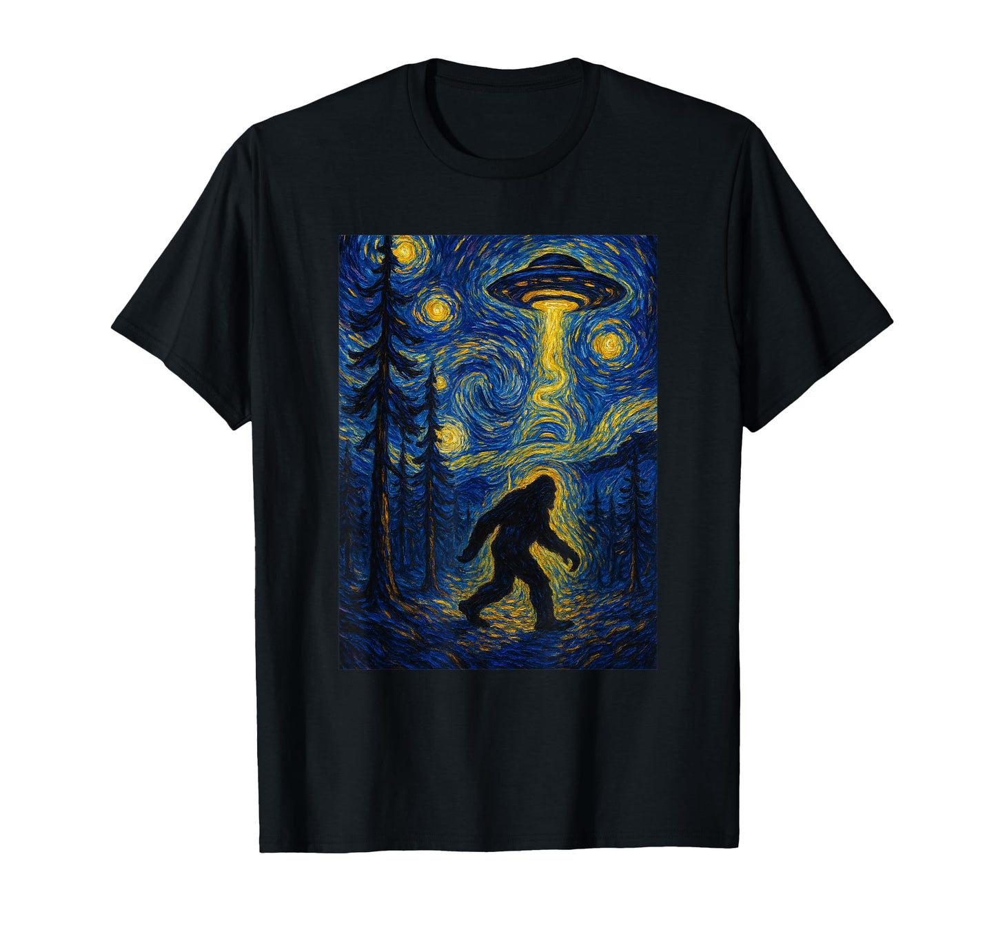 Bigfoot Starry Night Van Gogh Ufo Bigfoot T-Shirt - Graphic Print Unisex - T-Shirt, Sweatshirt, Hoodie