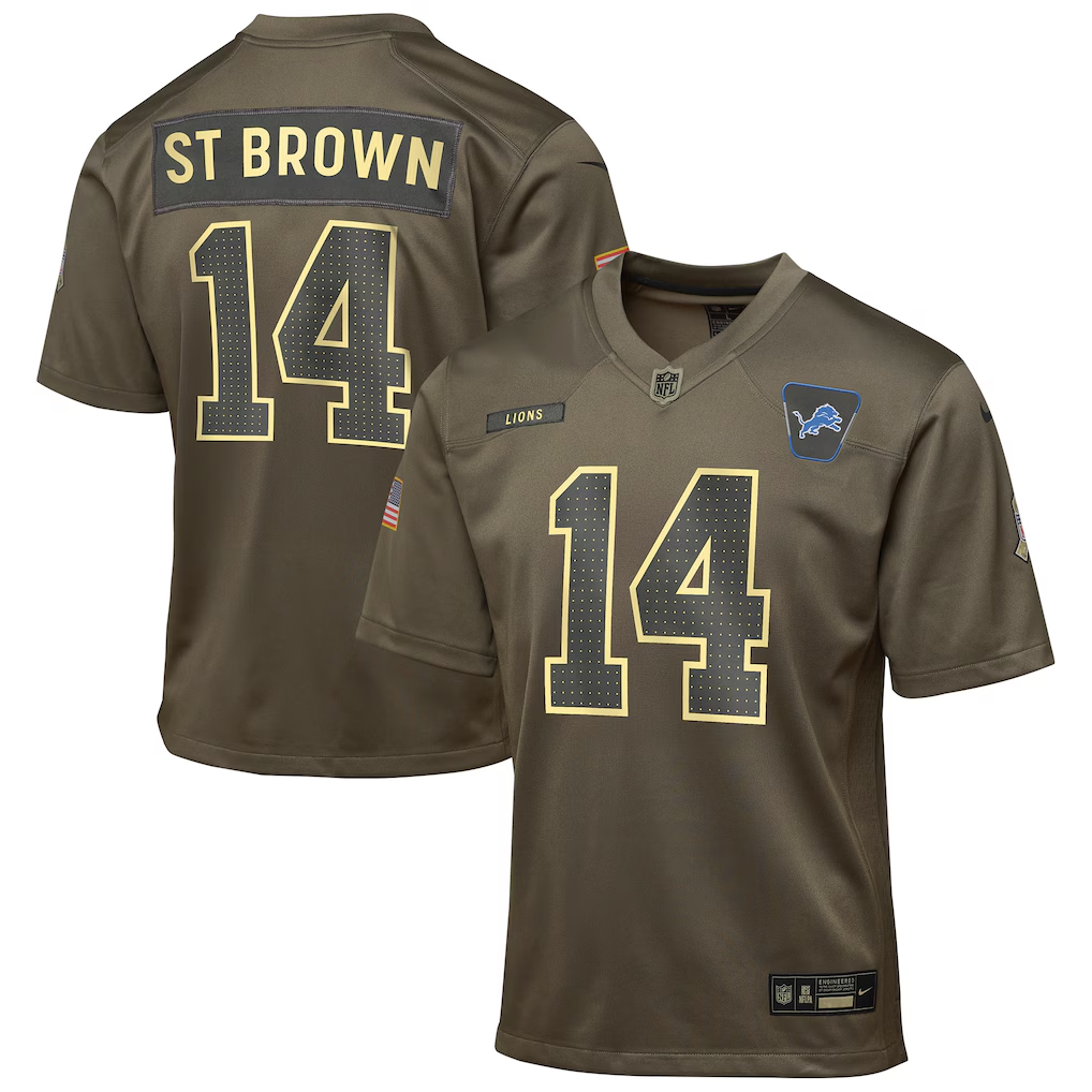 Youth Detroit Lions Amon-Ra St. Brown Olive 2025 Salute to Service Game Jersey football jersey product view 1
