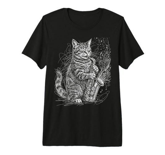 Cat Playing Saxophone Music T-Shirt - Unique Graphic for Adults - T-Shirt, Sweatshirt, Hoodie