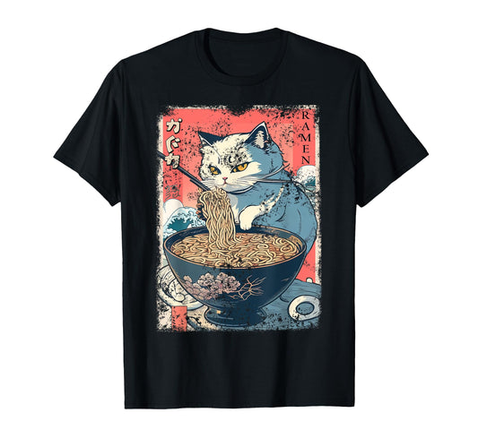 Cat Anime Japanese Ramen Noodle T-Shirt - Custom Art Print Men Women - T-Shirt, Sweatshirt, Hoodie