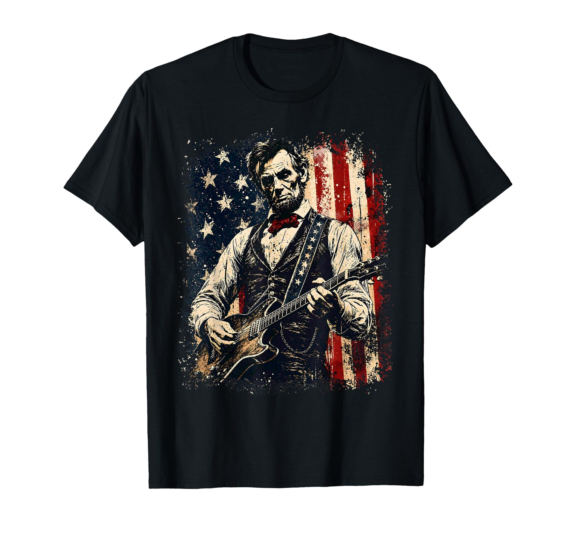 Abraham Lincoln Playing Guitar American Flag T-Shirt - Graphic Print Unisex - T-Shirt, Sweatshirt, Hoodie