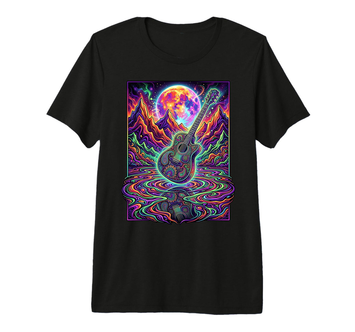 Guitar Lake Reflection Shadow Musician T-Shirt - Custom Art Print Unisex - T-Shirt, Sweatshirt, Hoodie