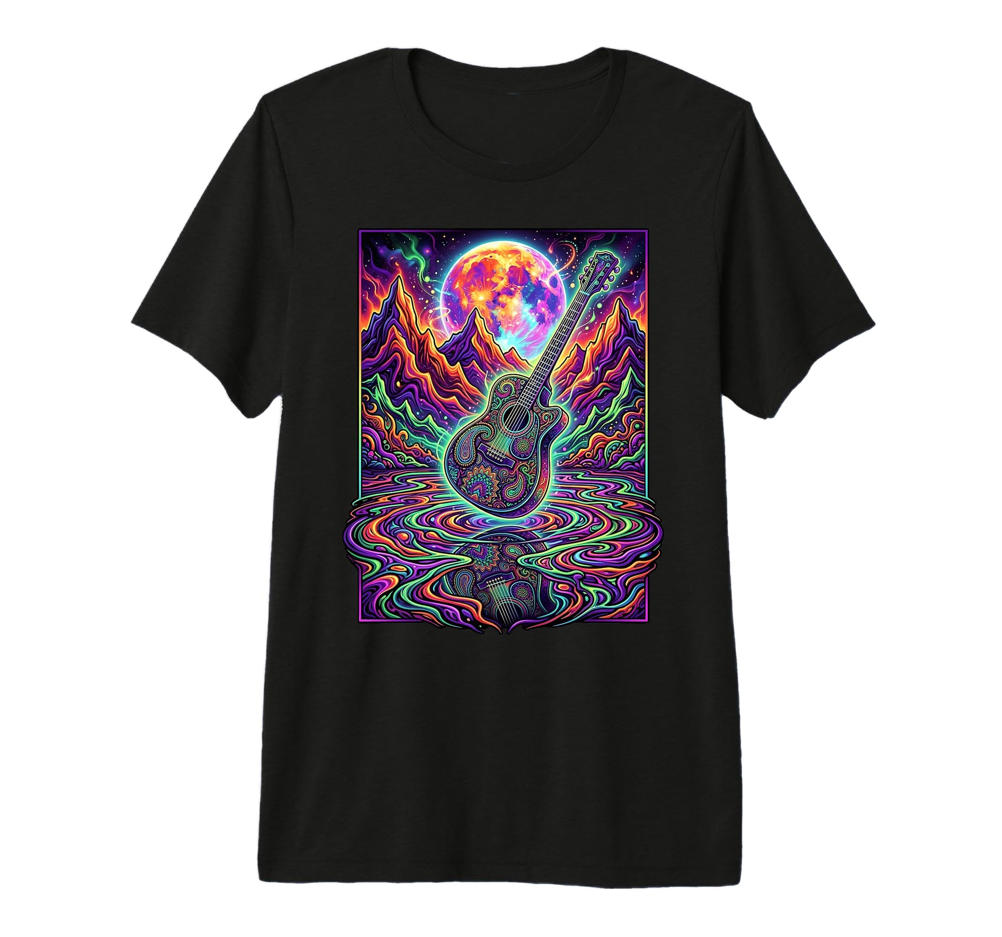 Guitar Lake Reflection Shadow Musician T-Shirt - Custom Art Print Unisex - T-Shirt, Sweatshirt, Hoodie