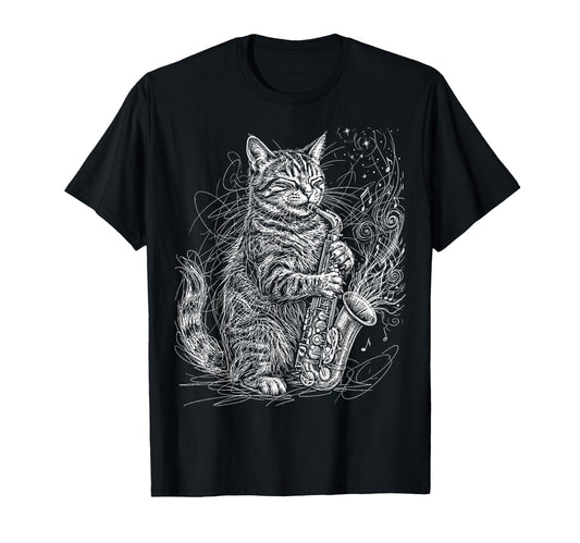 Cat Playing Saxophone Music T-Shirt - Fun Novelty Design Unisex - T-Shirt, Sweatshirt, Hoodie