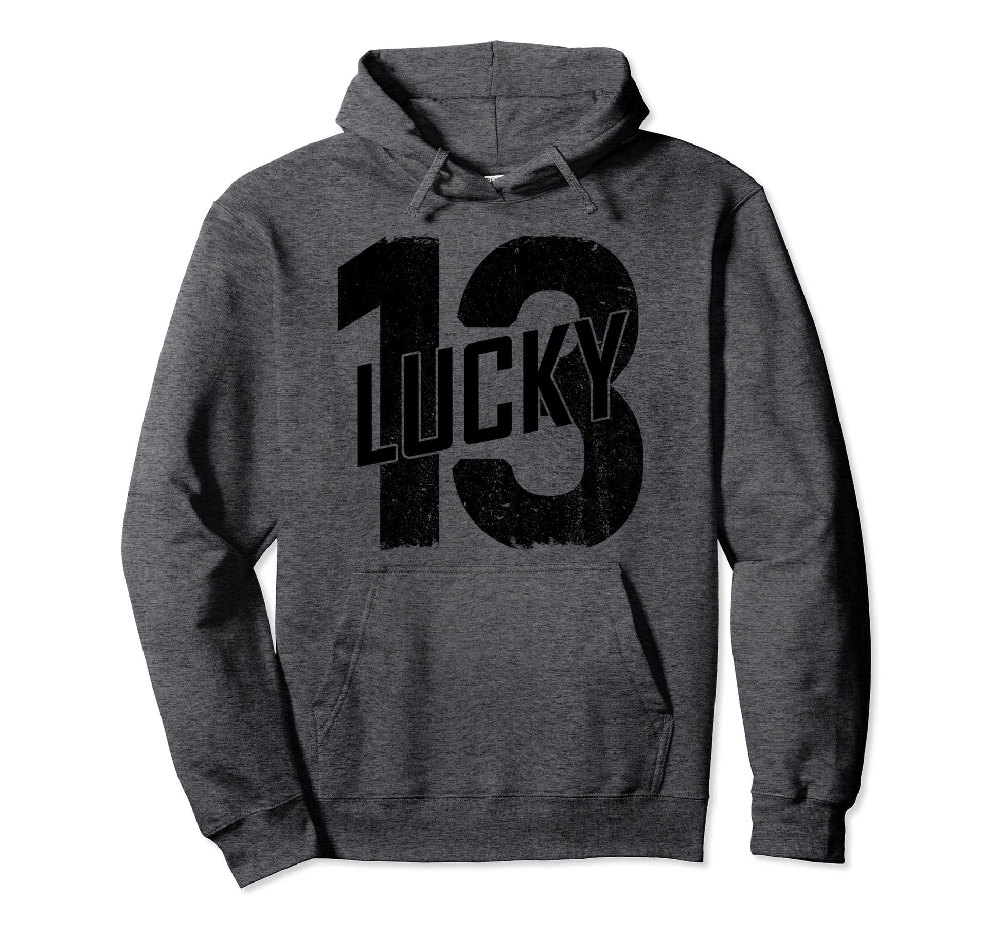 Lucky Thirteen Distressed Black Lucky Hoodie - Trendy Graphic Unisex - T-Shirt, Sweatshirt, Hoodie