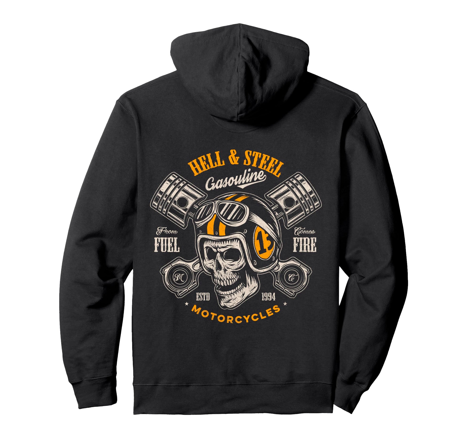 Hell And Steel Biker Skull Motorcycle Hoodie - Novelty Apparel for Adults - T-Shirt, Sweatshirt, Hoodie